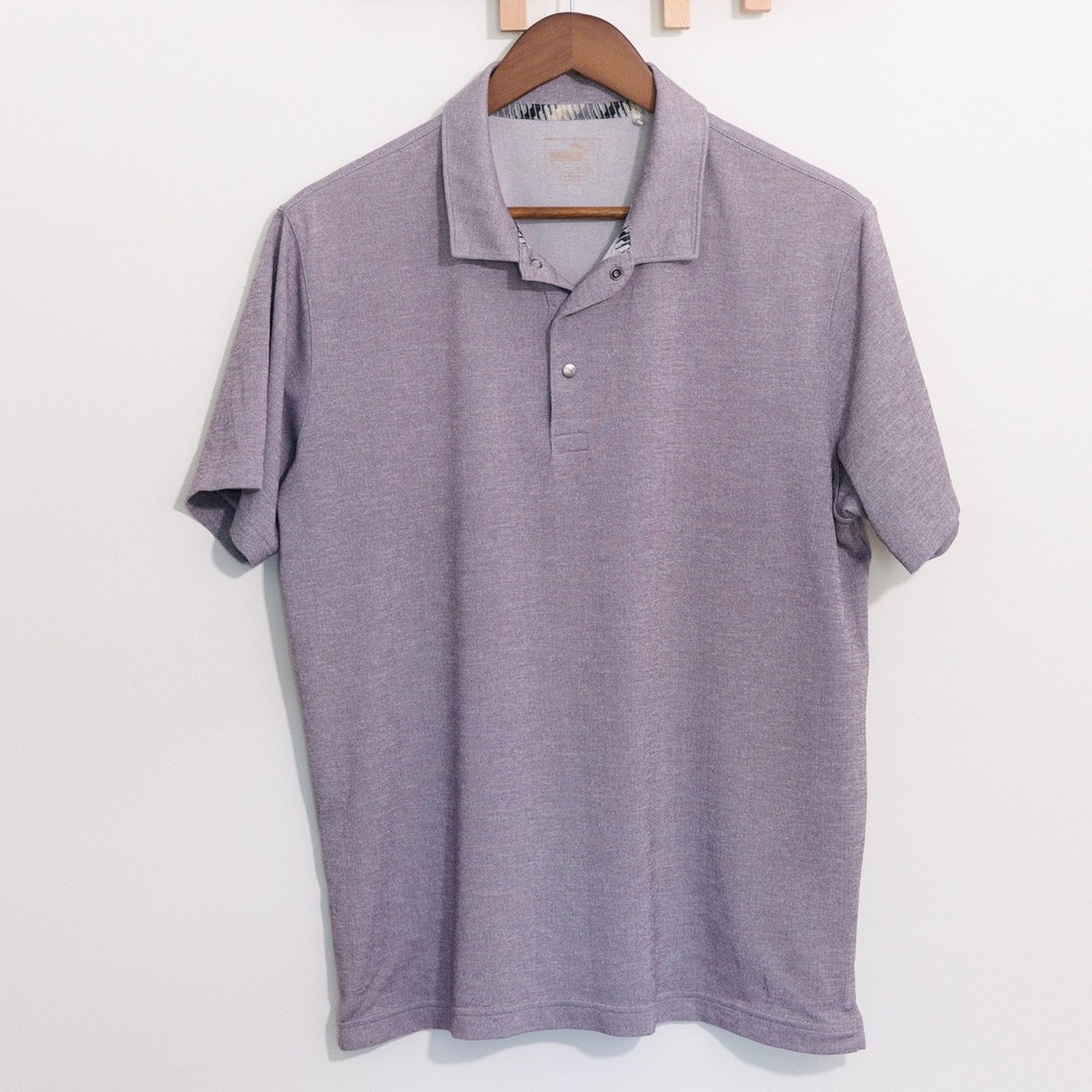 Puma Golf Mens Heathered Purple Snap Button Short Sleeve Polo Shirt Medium